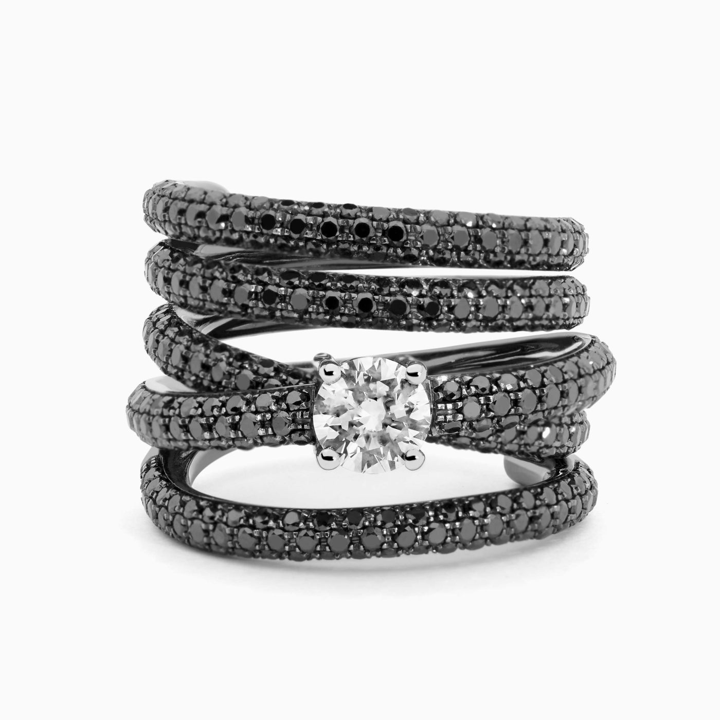 Anillo solitario de oro blanco con rodio negro con diamante central y brazo  con diamantes negros colección RABAT DIAMONDS|Joyería RABAT|P008320098-14