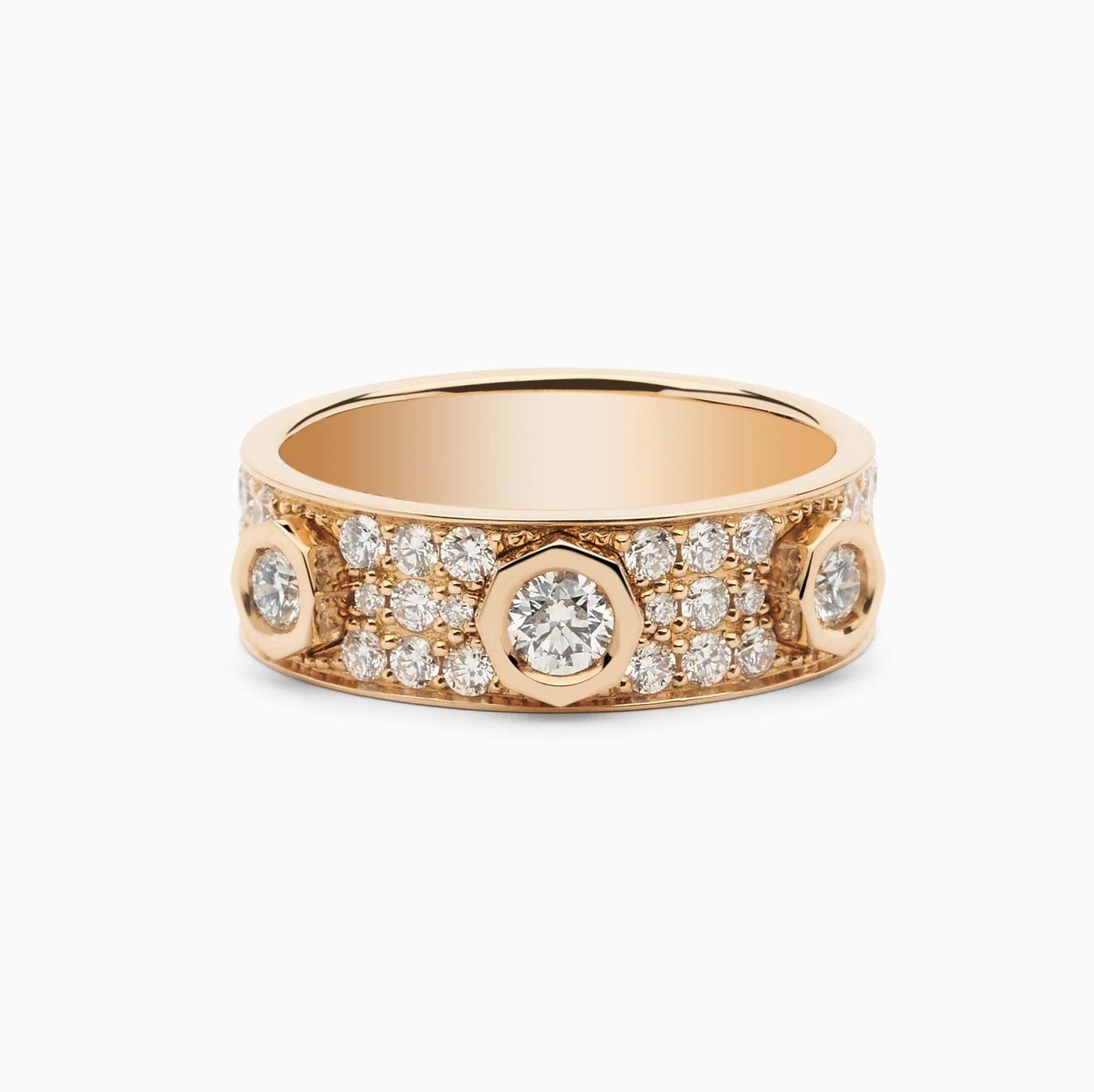 Rose gold with three diamonds and diamonds pavé ring
