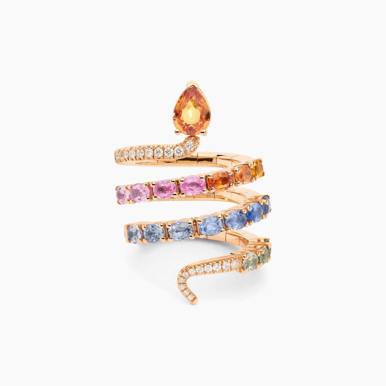 Spiral rose gold ring with coloured sapphires and diamonds