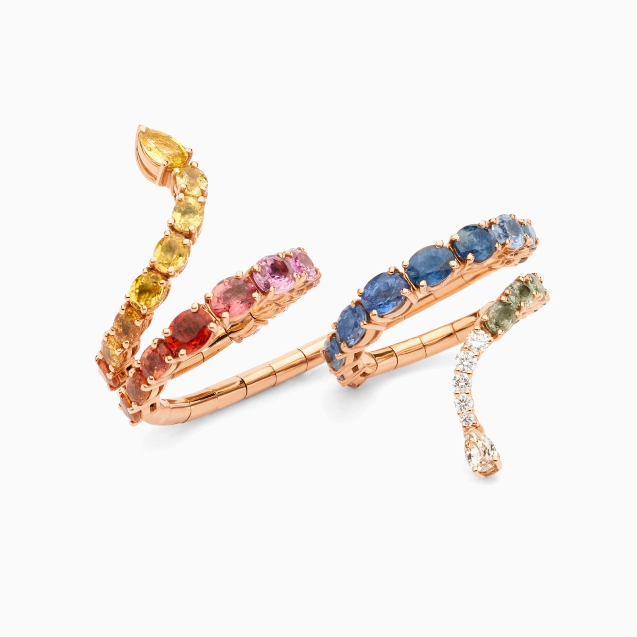 Double spiral in rose gold ring with coloured sapphires and diamonds 