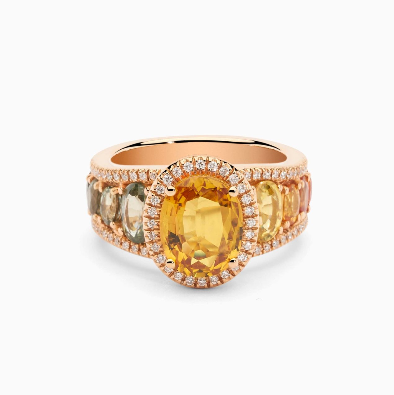 Rose gold ring with central yellow sapphire and multicoloured sapphire band