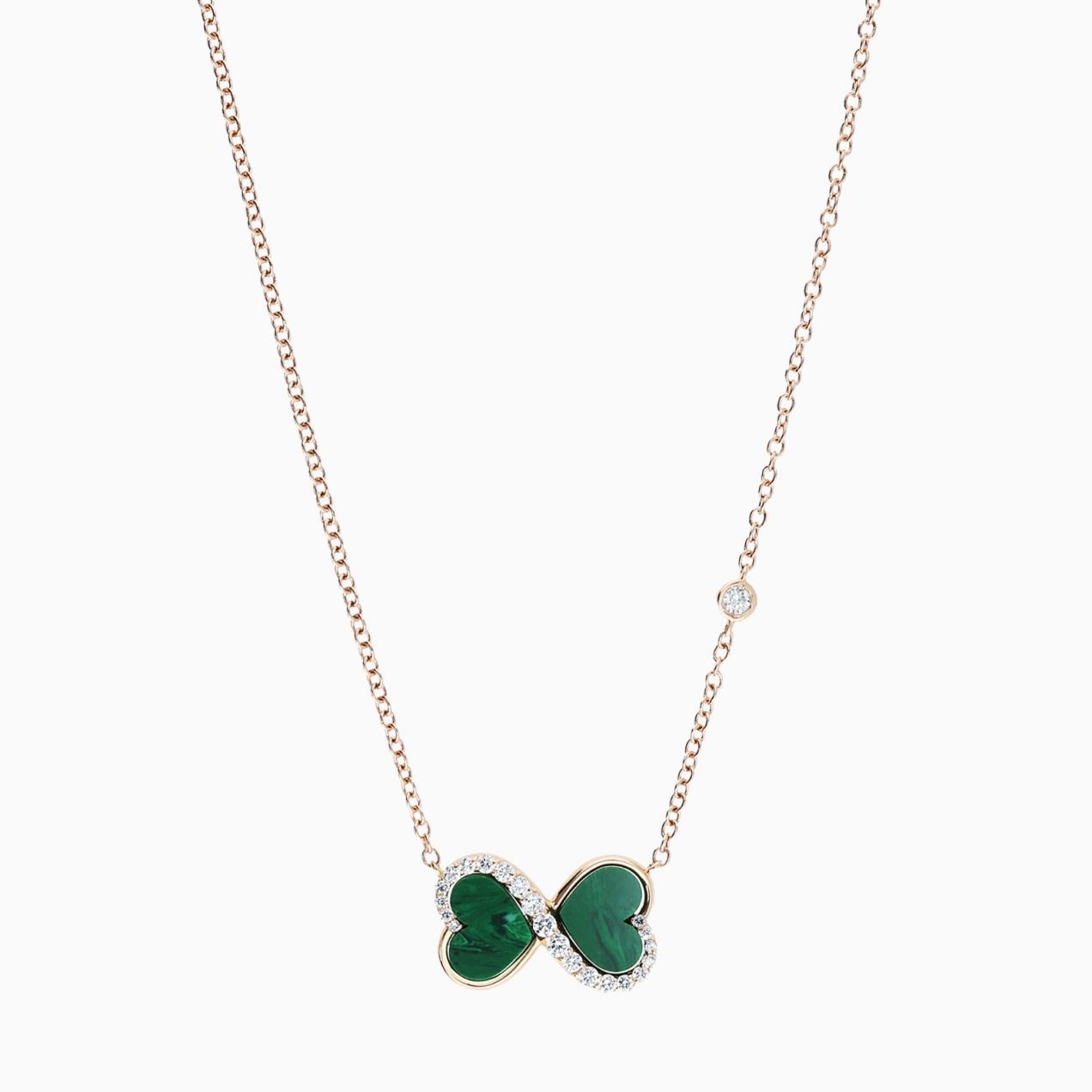 Infinity symbol pendant in rose gold with heart-cut malachite and diamonds