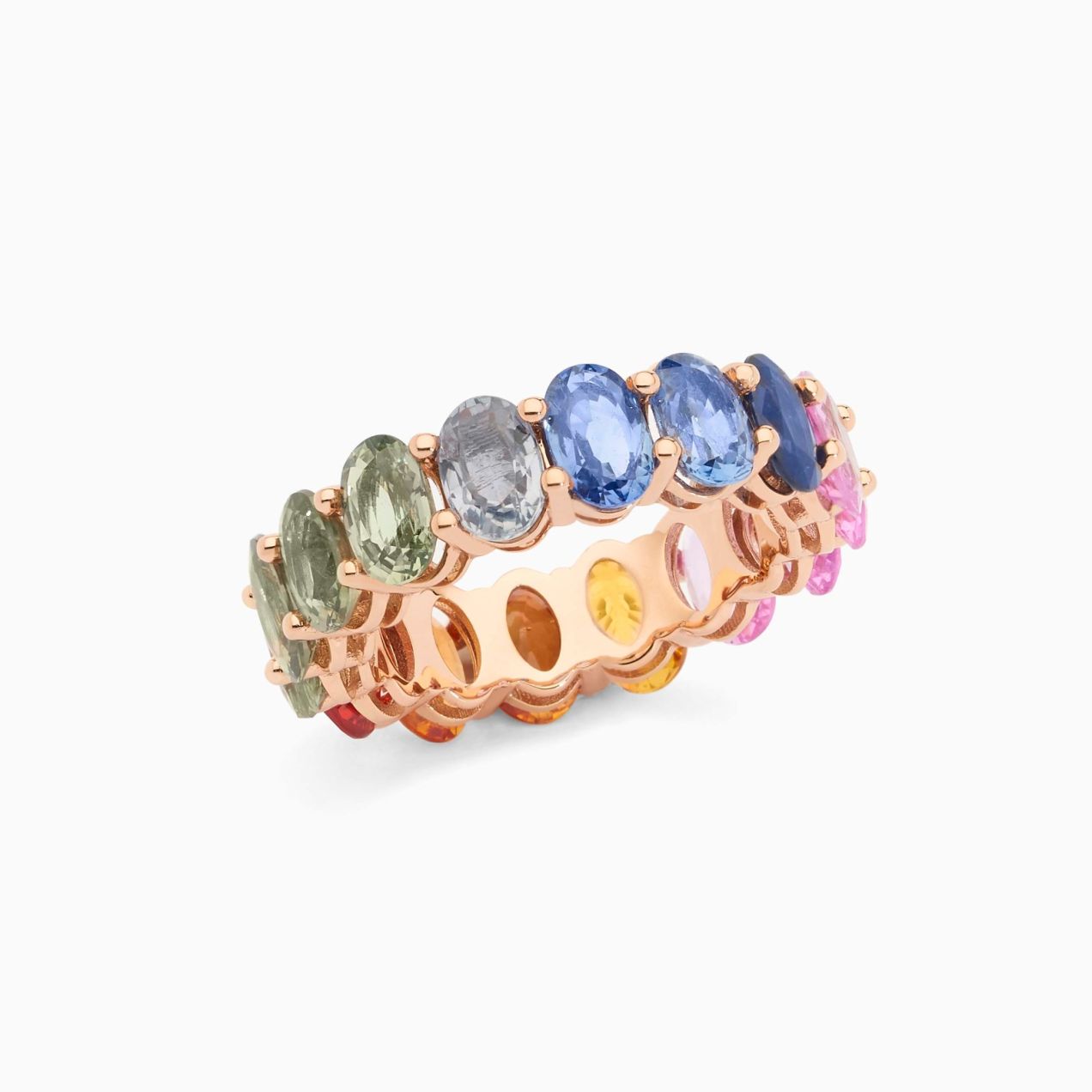 Rose gold band ring with oval-cut multicoloured sapphires
