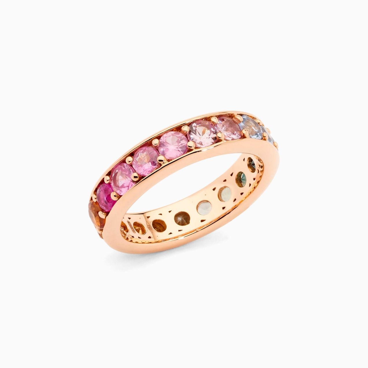 Rose gold rails wedding band ring with brilliant cut multicoloured sapphires