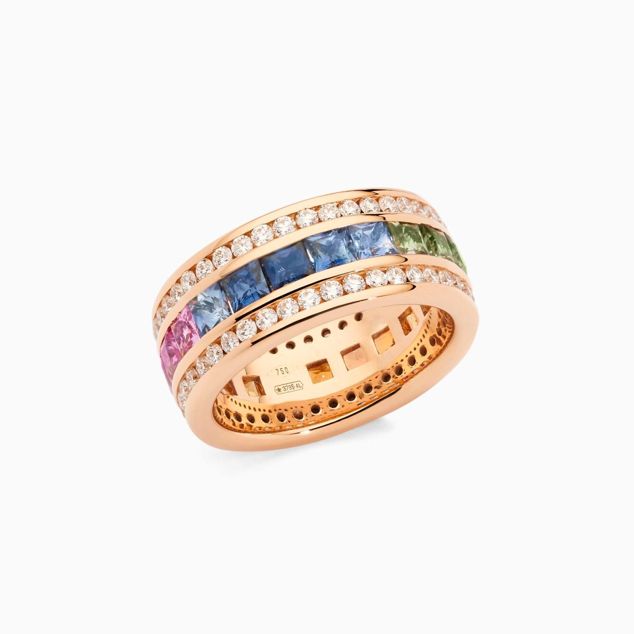 Rose gold ring with multicoloured sapphires and rows of diamonds