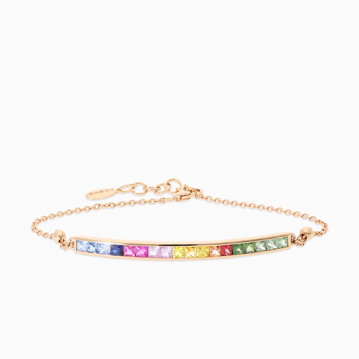 Bracelet rivière rose gold chain with princess-cut multicoloured sapphires