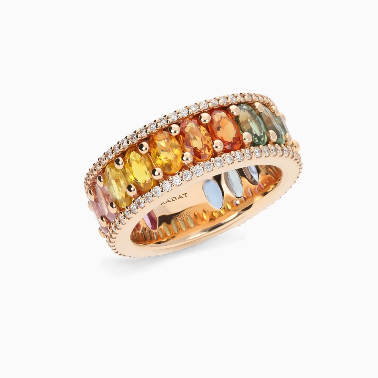 Rose gold band ring with multicoloured sapphires and rows of diamonds
