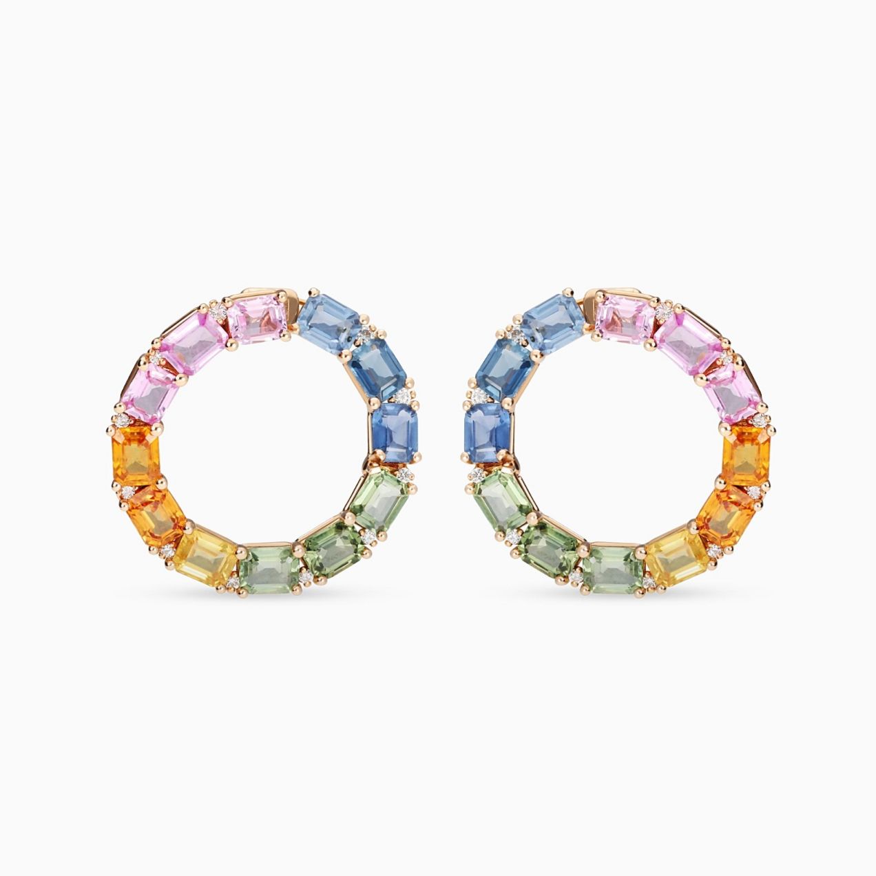 Rose gold hoop earrings with octagonal-cut multicoloured sapphires and mini diamonds