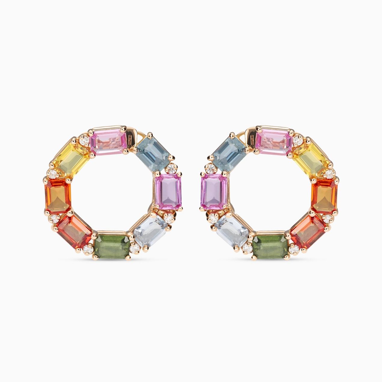 Rose gold hoop earrings with multicoloured octagonal-cut sapphires and diamonds