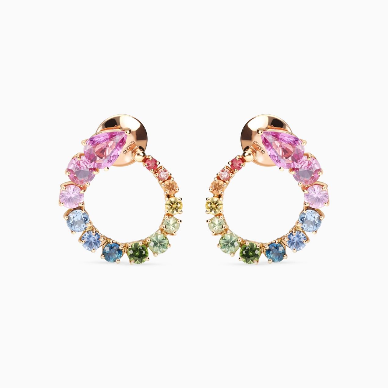 Rose gold hoop earrings with multicoloured sapphires and pear-cut pink sapphires