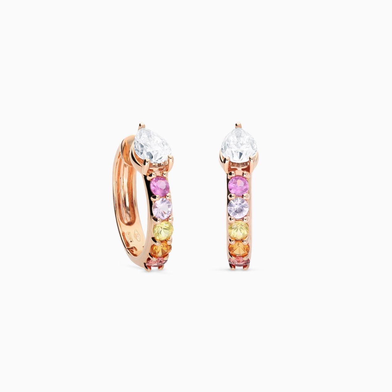 Rose gold hoop earrings with pear-cut diamonds and multicoloured sapphires