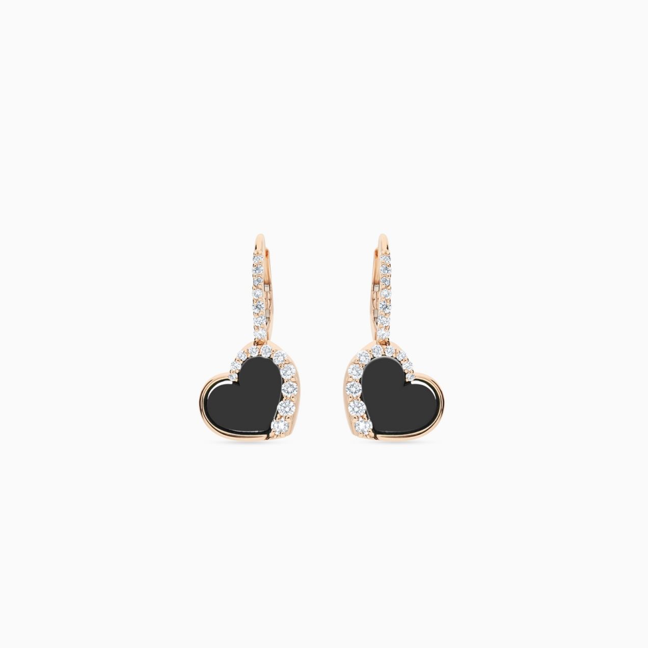 Heart-shaped earrings in rose gold with onyx and diamonds