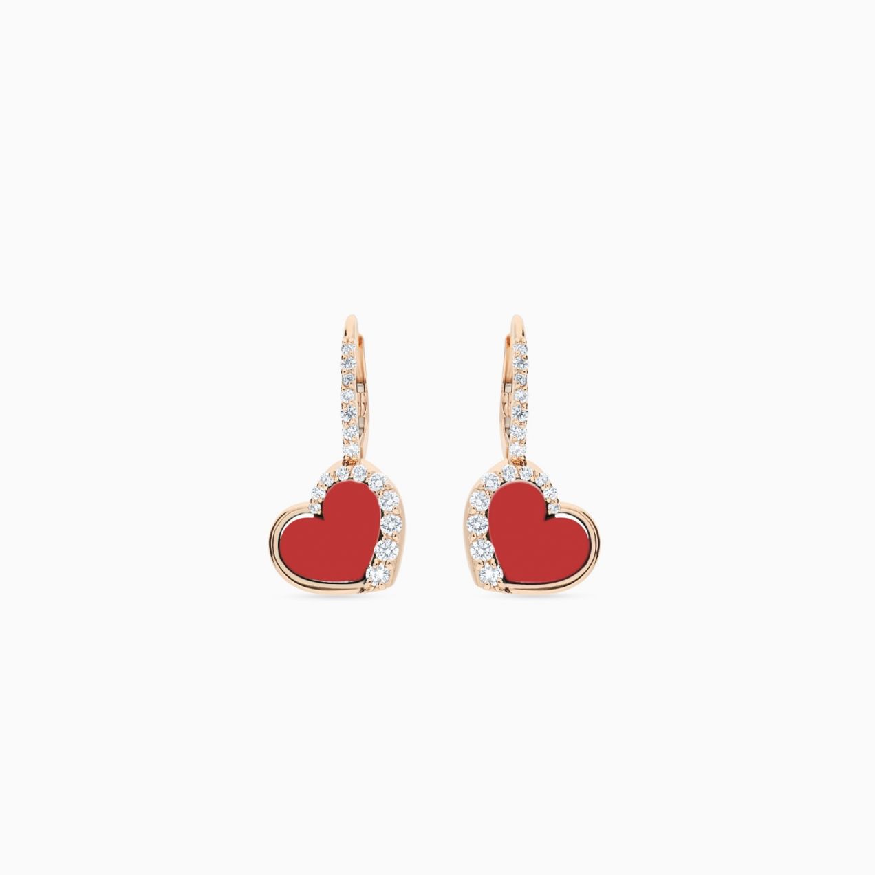 Heart-shaped earrings in rose gold with coral and diamonds