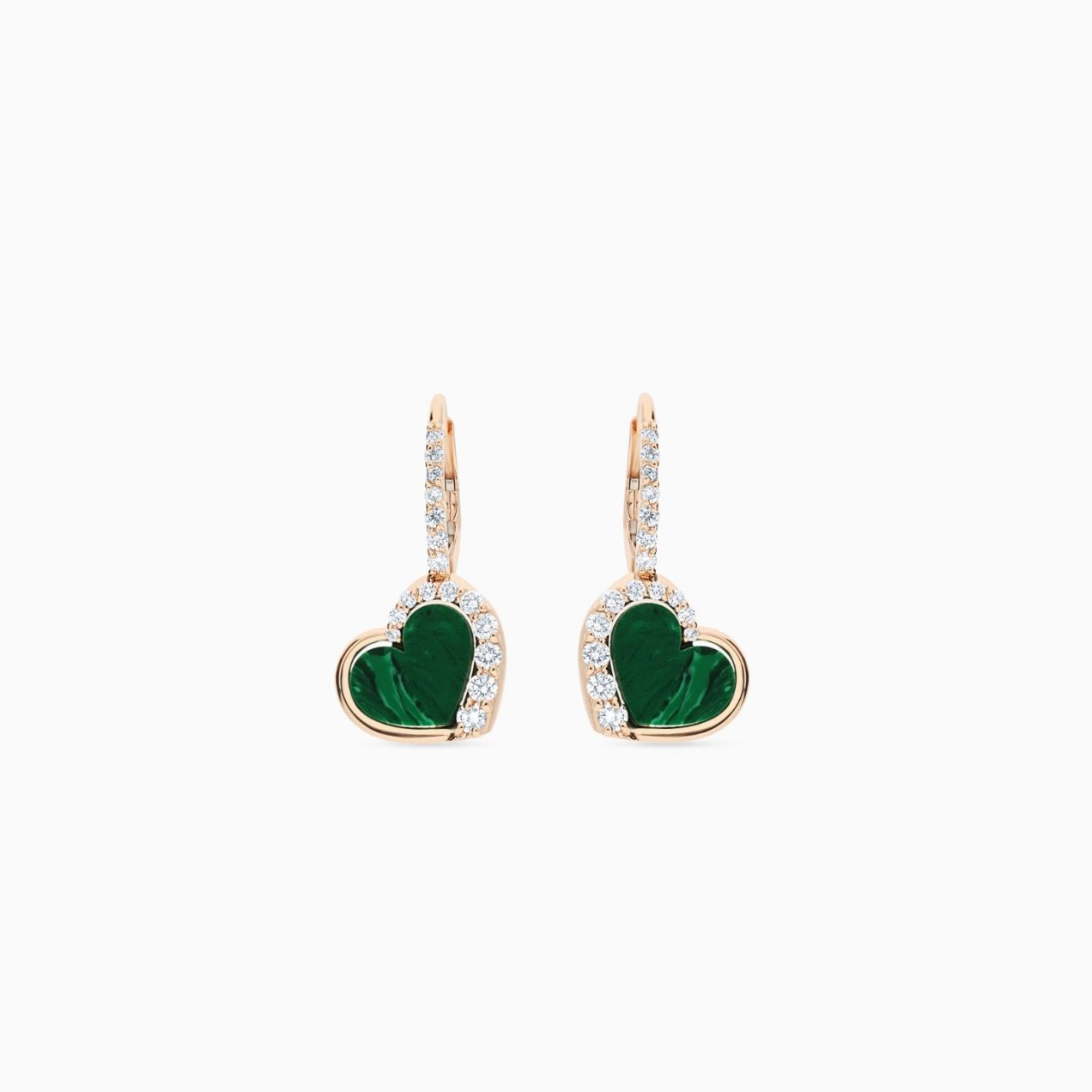 Heart-shaped earrings in rose gold with malachite and diamonds