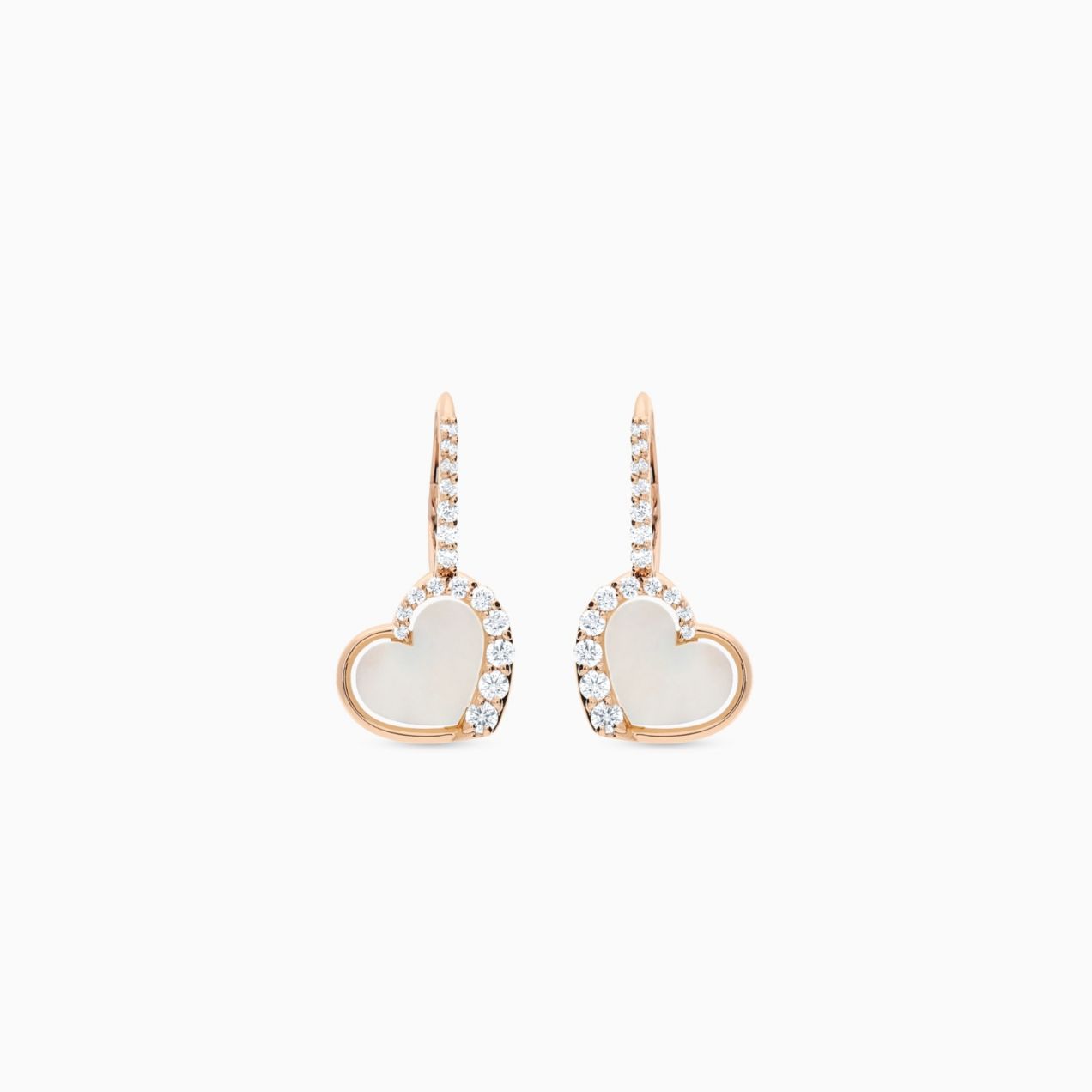 Heart-shaped earrings in rose gold with mother of pearl and diamonds