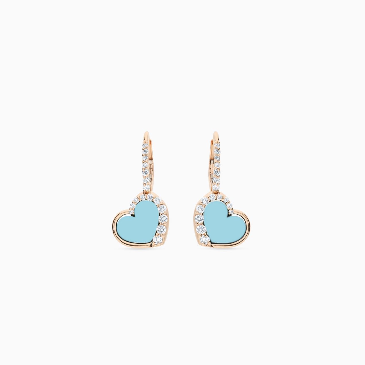 Heart-shaped earrings in rose gold with turquoise and diamonds