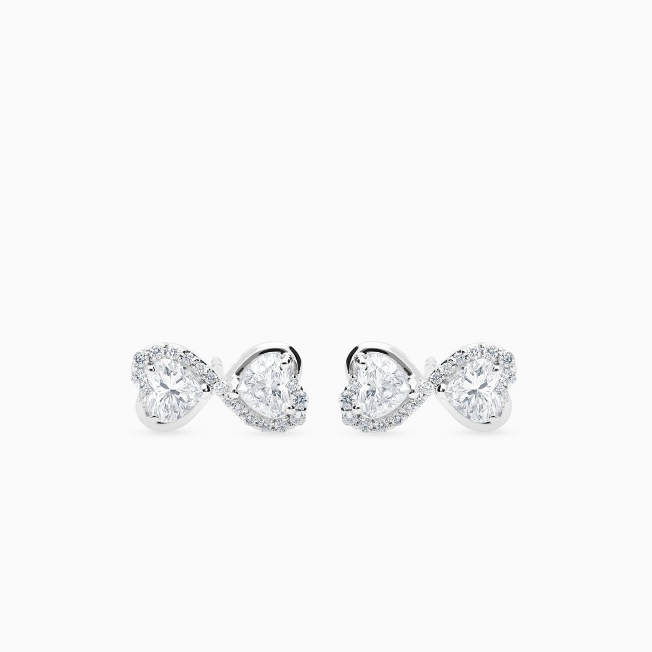 White gold button infinity symbol earrings with heart-cut diamonds and diamonds