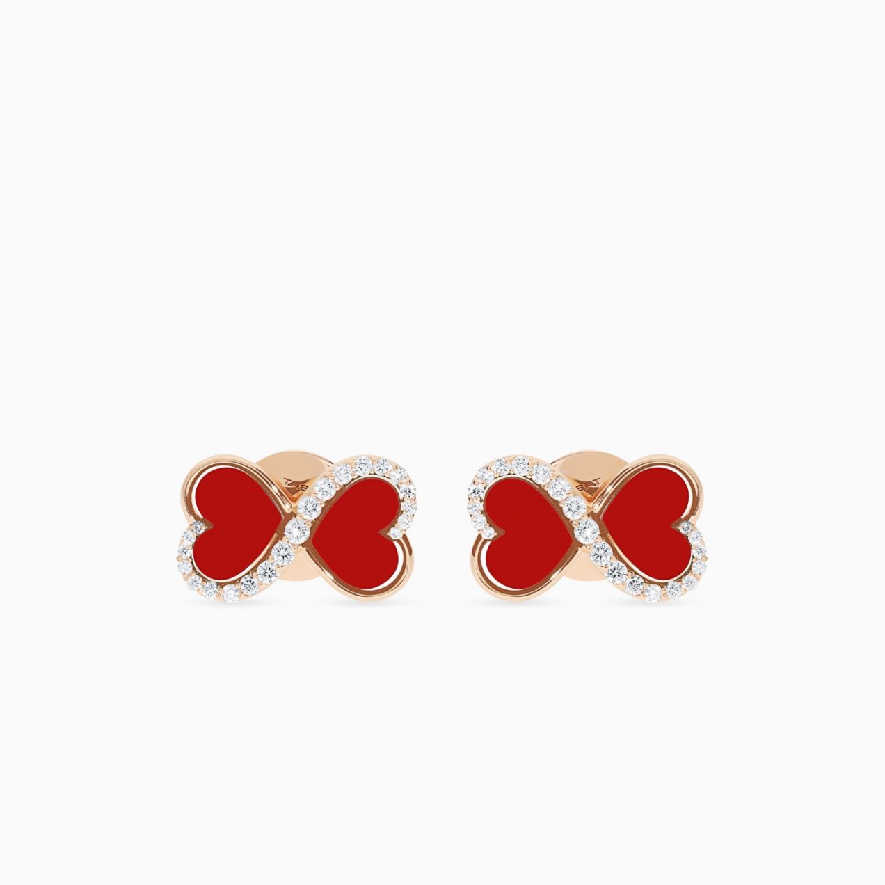 Rose gold button infinity symbol earrings with heart-cut coral and diamonds