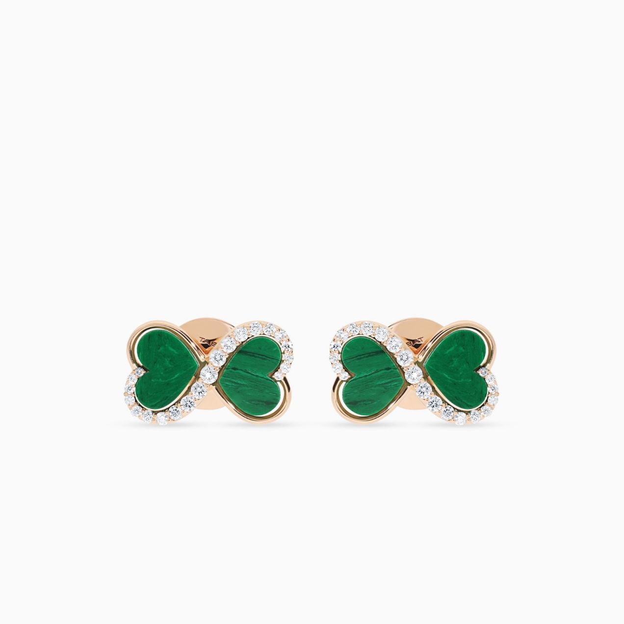 Rose gold button infinity symbol earrings with heart-cut malachite and diamonds
