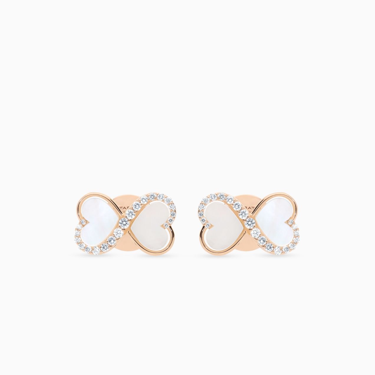 Rose gold button infinity symbol earrings with heart-shaped mother of pearl and diamonds