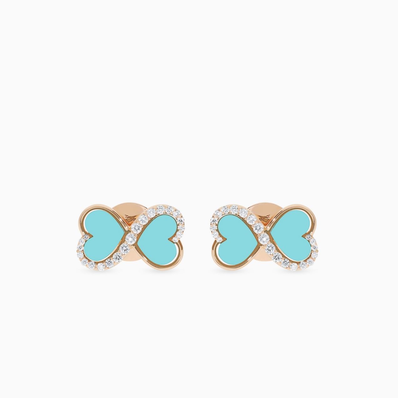 Rose gold button infinity symbol earrings with heart-cut turquoise and diamonds