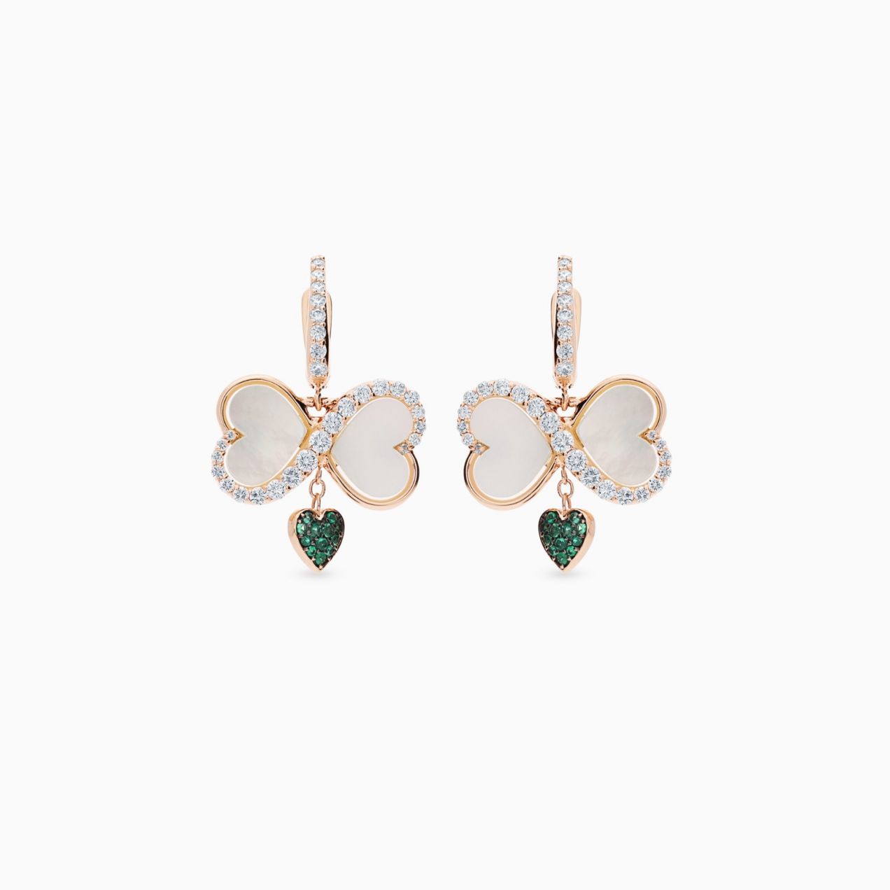 White gold infinity symbol earrings with heart-cut mother of pearl and heart motif with emeralds 