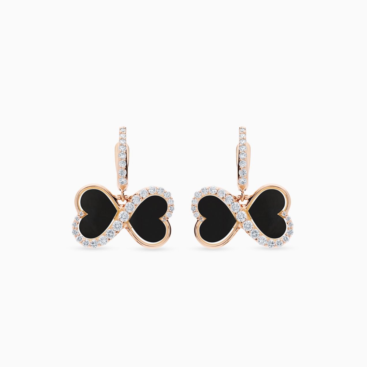 Infinity symbol earrings in rose gold with heart-cut onyx and diamonds