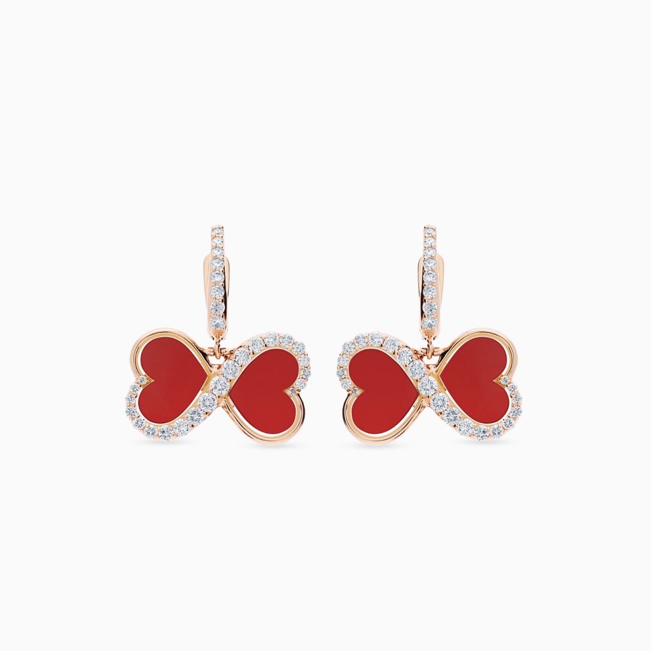 Rose gold infinity symbol earrings with heart-cut coral and diamonds