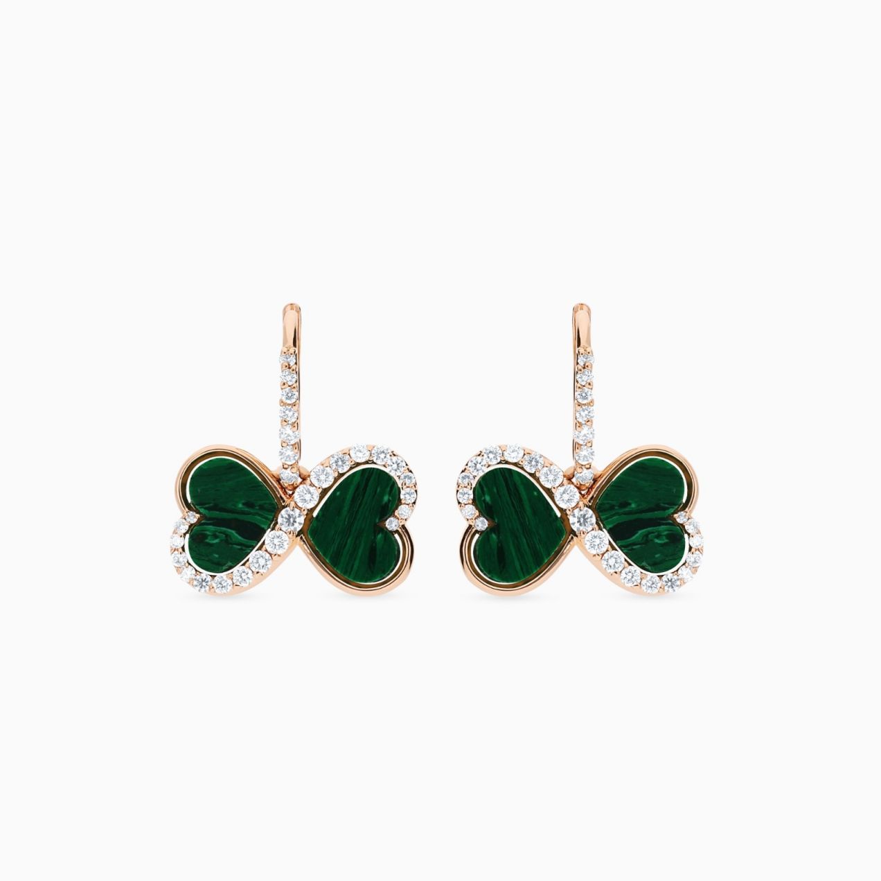 Infinity symbol earrings in rose gold with heart-cut malachite and diamonds
