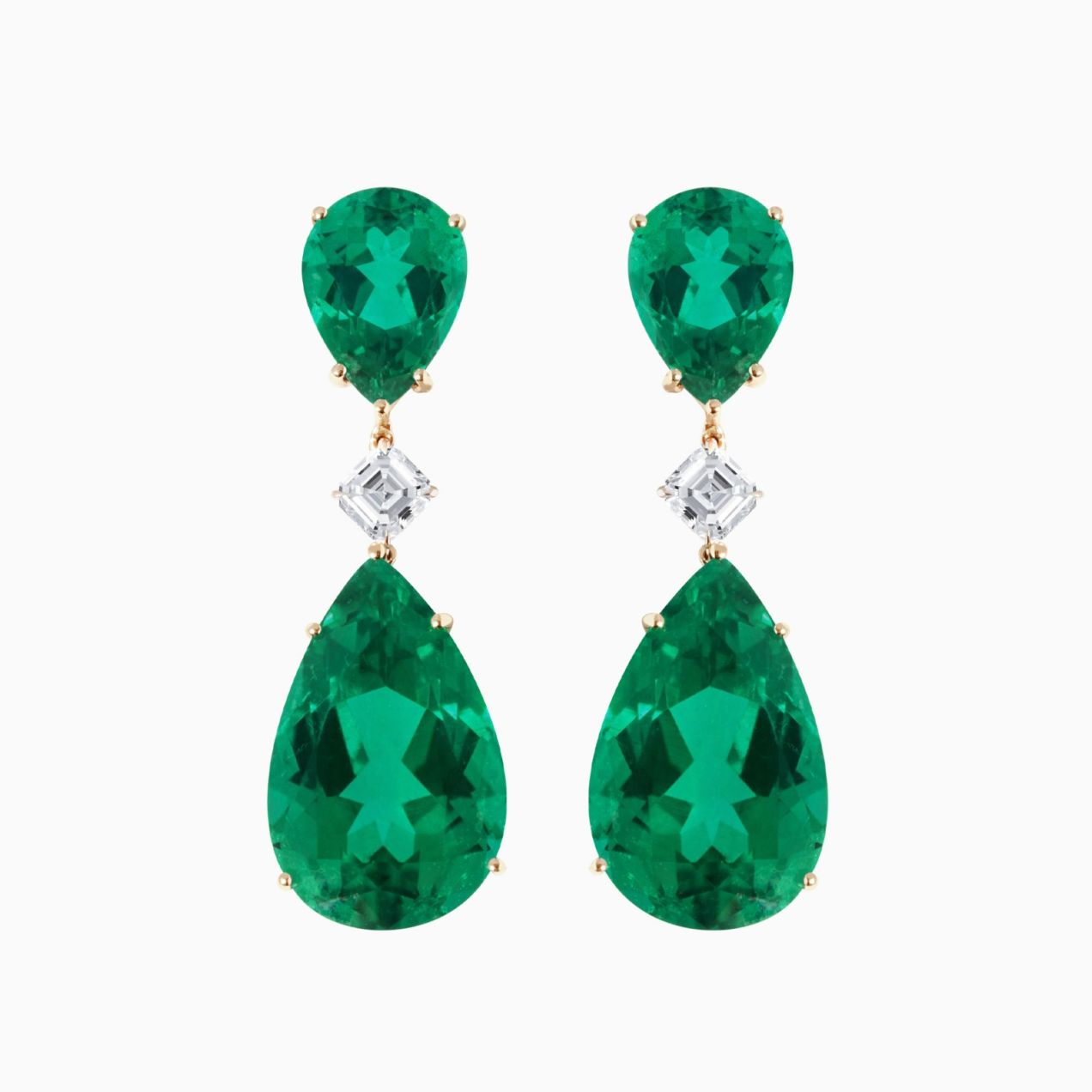 Yellow gold earrings with green emeralds and diamonds