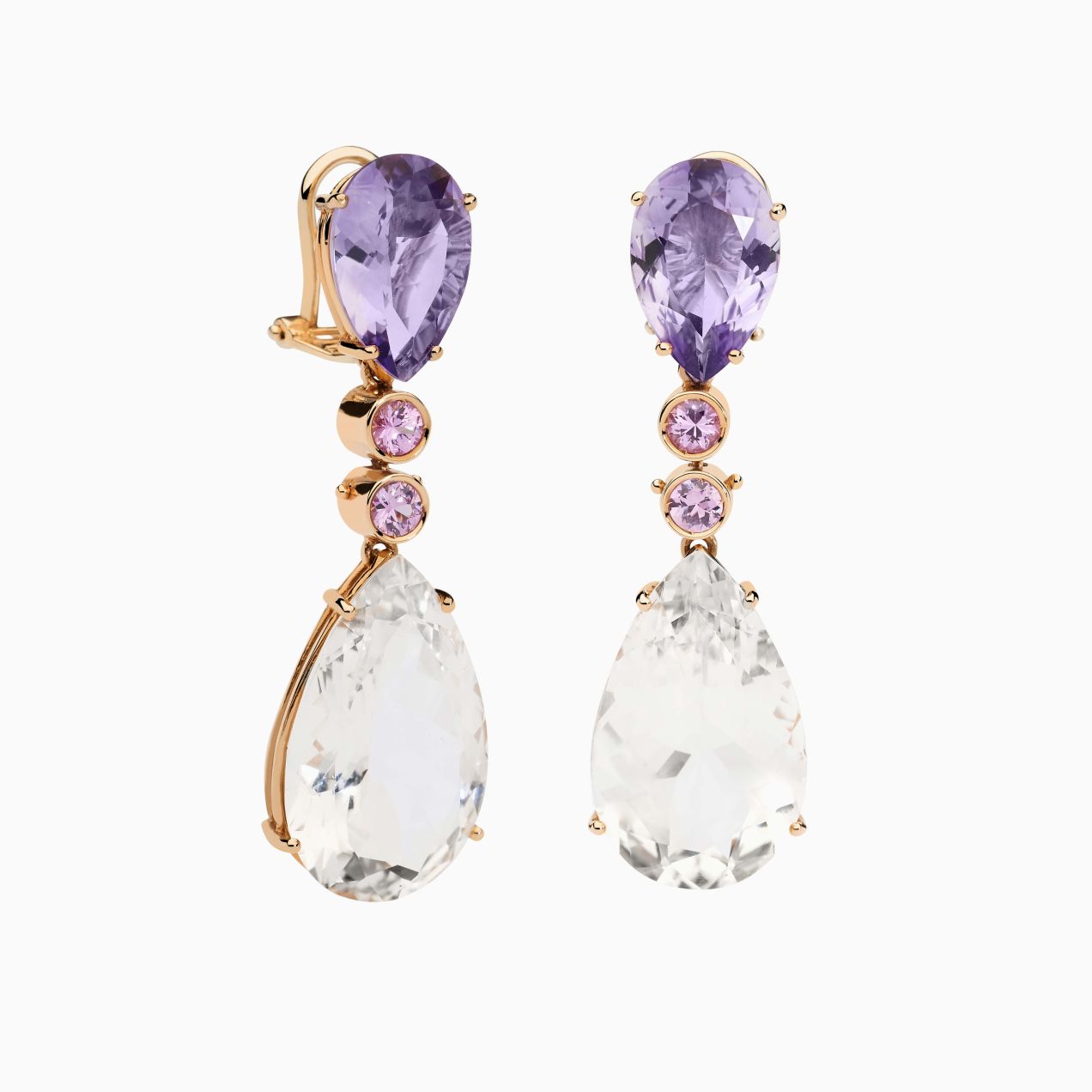 Pink gold earrings with amatistic gems, sapphires and quartz