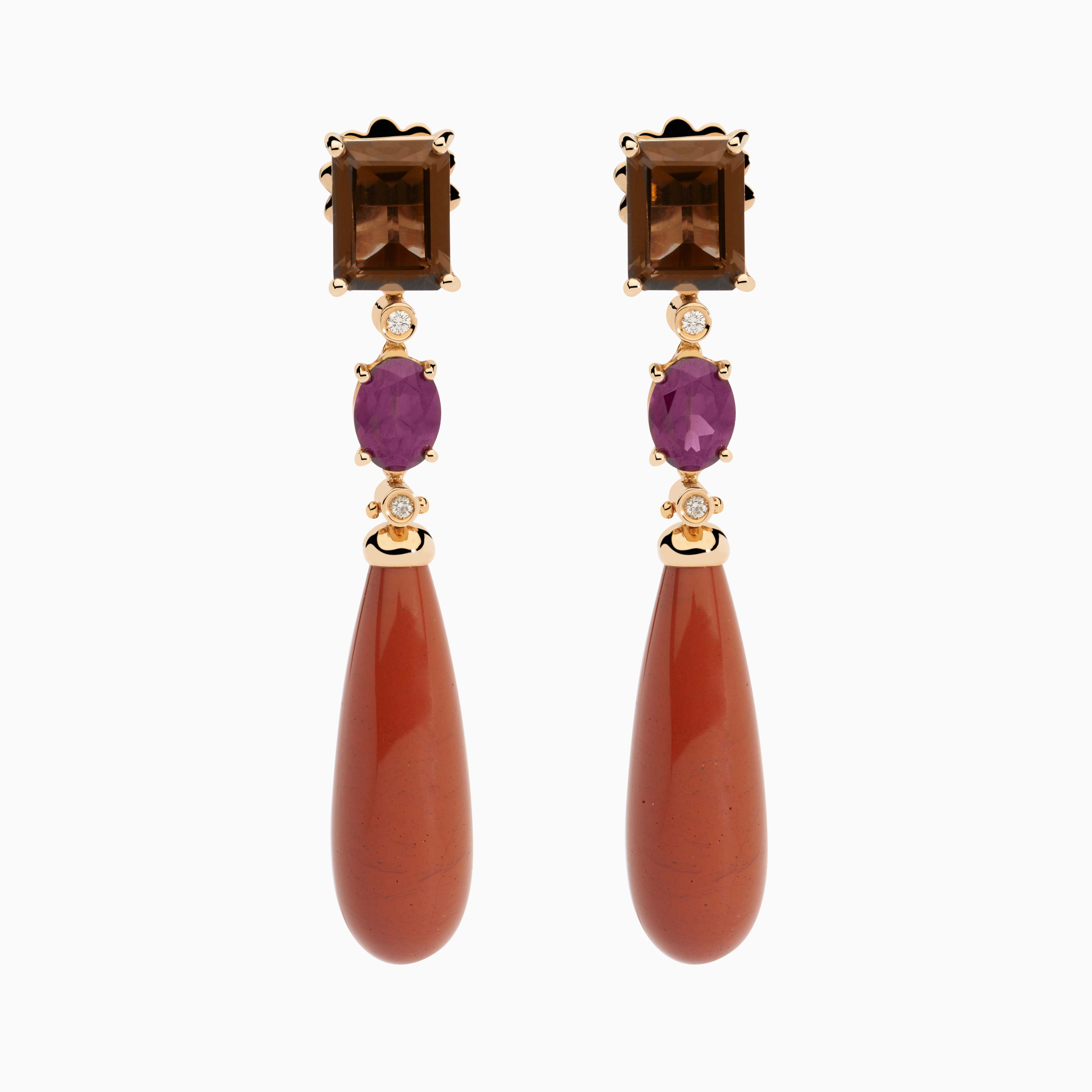 Pendientes de oro rosa con gemas jaspe rojo, fume, rodo y diamantes  colección RABAT 70S|Joyería RABAT|P104000420